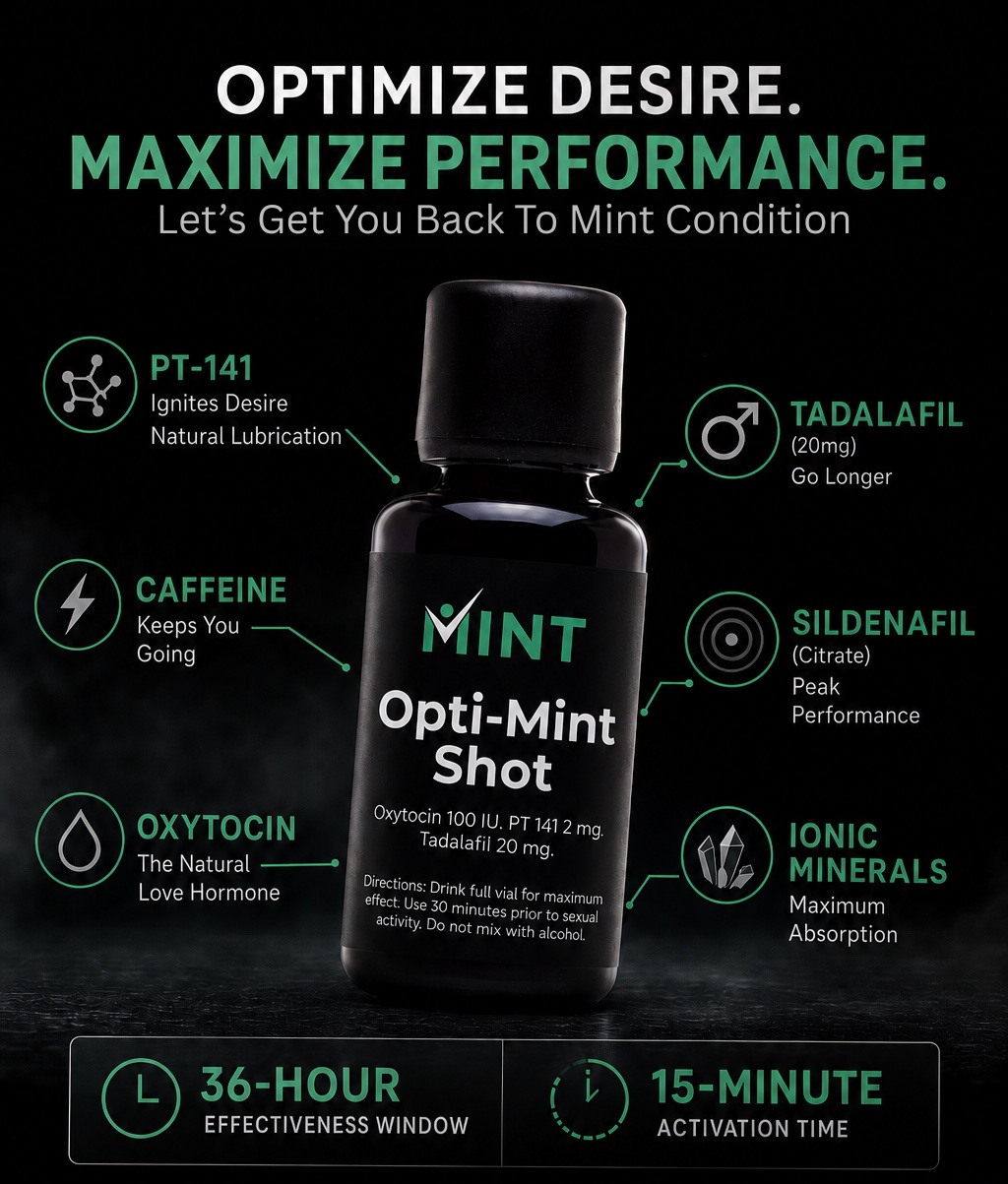 Opti-Mint Shot — optimize desire, maximize performance. Let's get you back to mint condition. Six ingredients: PT-141 to ignite desire and natural lubrication, Tadalafil 20mg to go longer, Sildenafil citrate for peak performance, ionic minerals for maximum absorption, caffeine to keep you going, and oxytocin, the natural love hormone. 36-hour effectiveness window, 15-minute activation time.